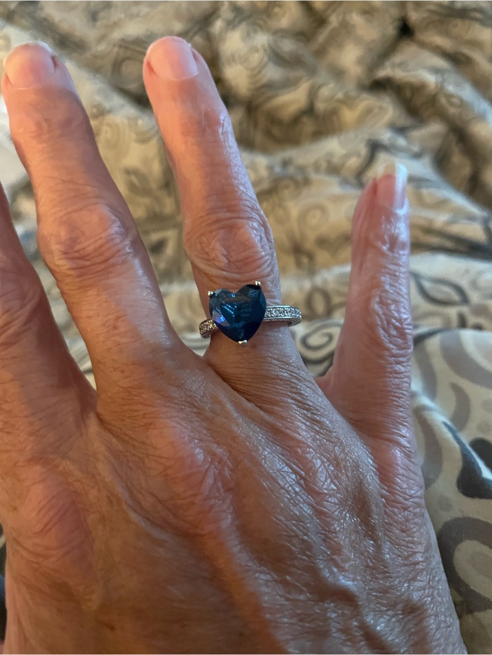 Heart-Cut Blue Crystal Ring with Pavé Band